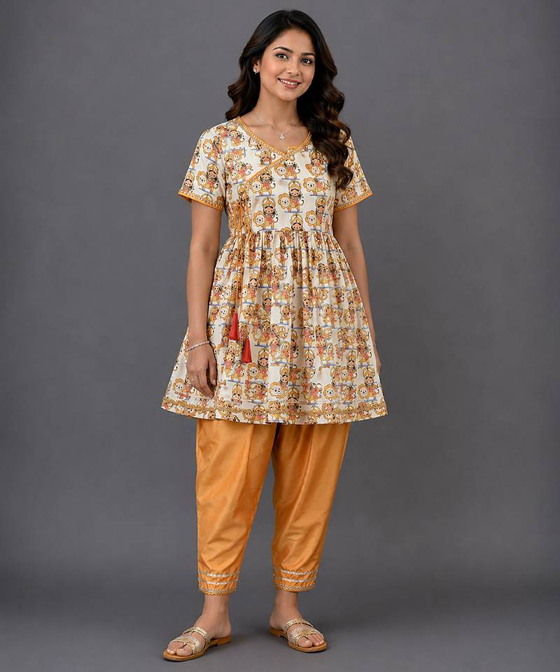 Off white and orange printed cotton silk kurta set