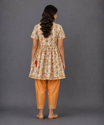 Off white and orange printed cotton silk kurta set 2