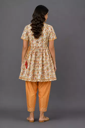 Off white and orange printed cotton silk kurta set