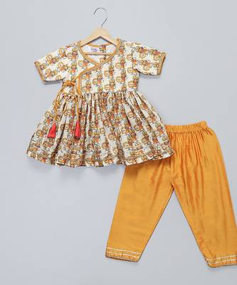 Off white and orange printed cotton silk kurta set 4