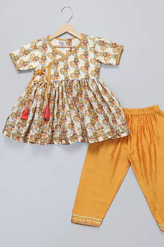 Off white and orange printed cotton silk kurta set