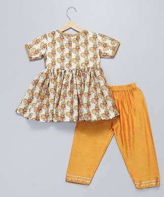 Off white and orange printed cotton silk kurta set 5