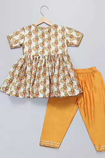 Off white and orange printed cotton silk kurta set