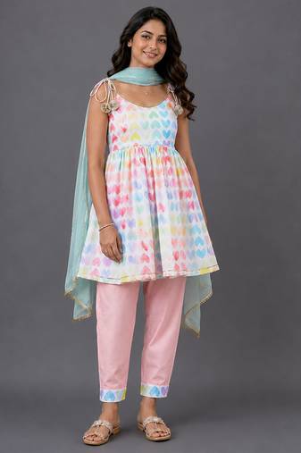 Multicolor printed cotton silk kurta set