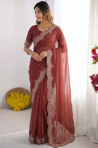 maroon embellished beads and stones poly georgette heavy work saree