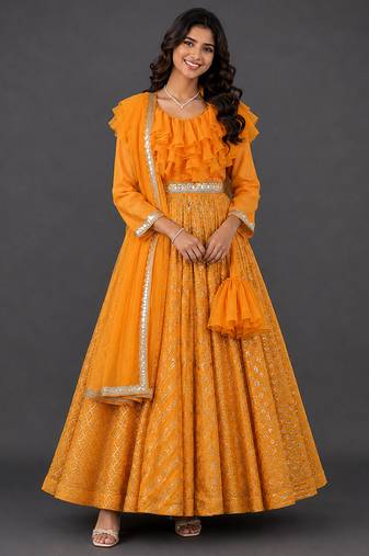 Orange woven organza anarkali set