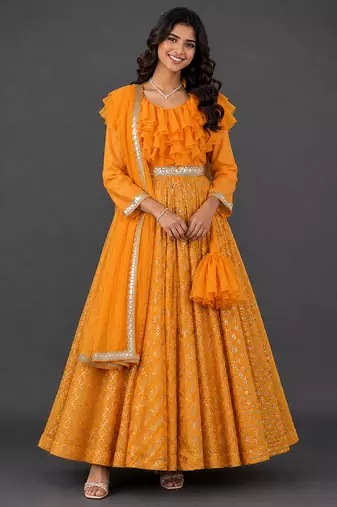 Orange woven organza anarkali set
