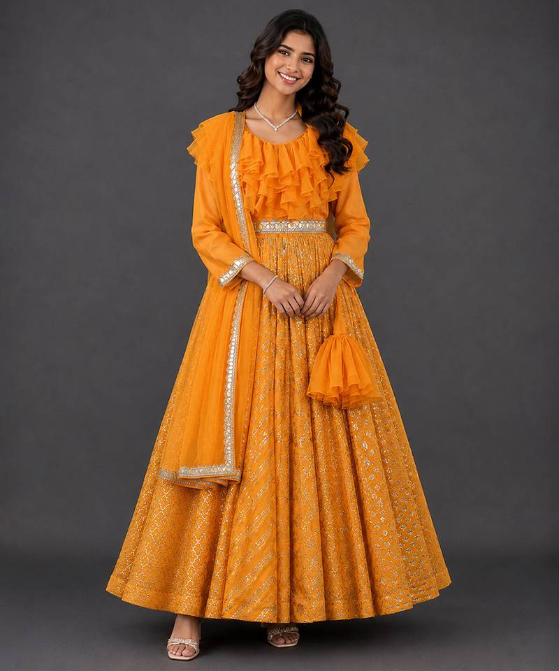 Orange woven organza anarkali set