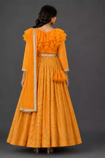 Orange woven organza anarkali set