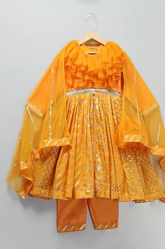 Orange woven organza anarkali set