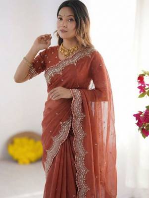 maroon embellished beads and stones poly georgette heavy work saree 5