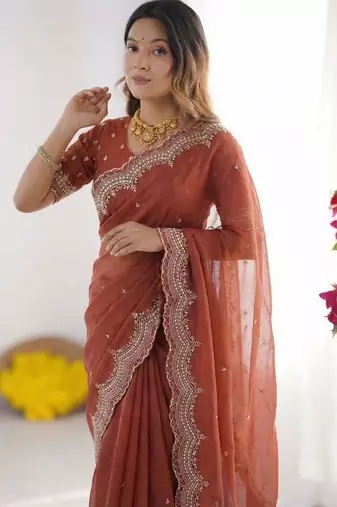 maroon embellished beads and stones poly georgette heavy work saree