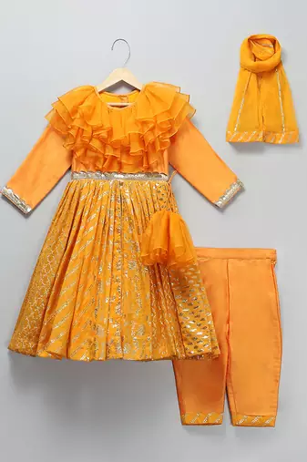 Orange woven organza anarkali set