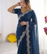 navy_blue embellished embroidered poly georgette heavy work saree