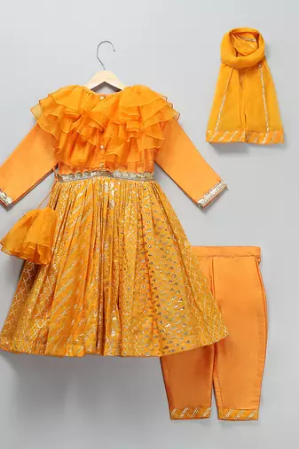 Orange woven organza anarkali set