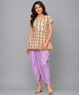 Off white and purple printed cotton silk kurta dhoti set 1