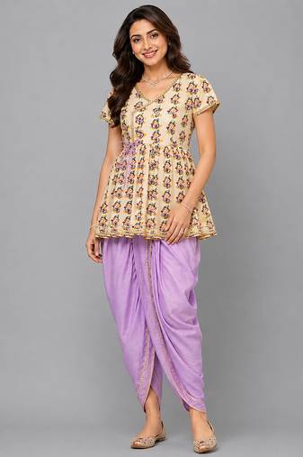 Off white and purple printed cotton silk kurta dhoti set
