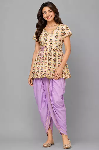 Off white and purple printed cotton silk kurta dhoti set