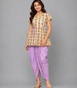 Off white and purple printed cotton silk kurta dhoti set