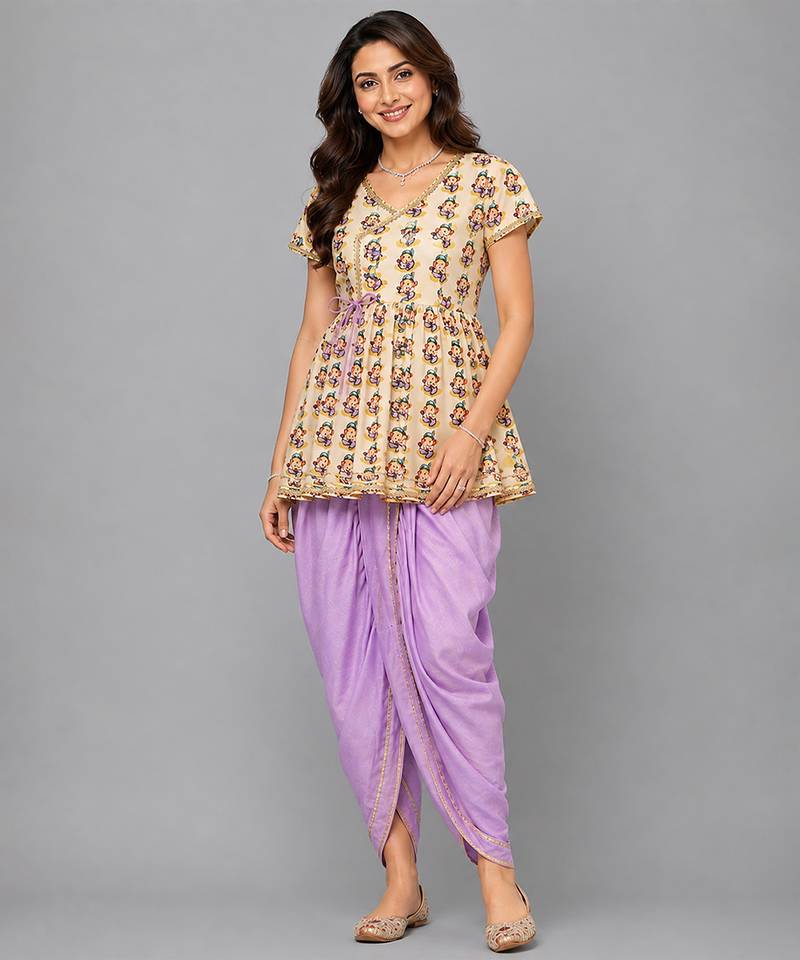 Off white and purple printed cotton silk kurta dhoti set