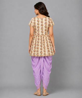 Off white and purple printed cotton silk kurta dhoti set 2