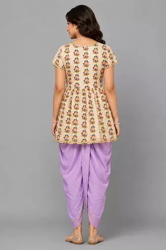Off white and purple printed cotton silk kurta dhoti set