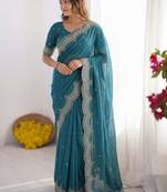 teal embellished embroidered poly georgette heavy work saree