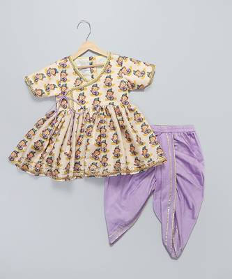 Off white and purple printed cotton silk kurta dhoti set 4