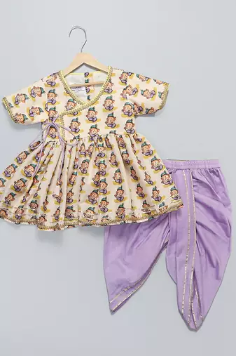 Off white and purple printed cotton silk kurta dhoti set