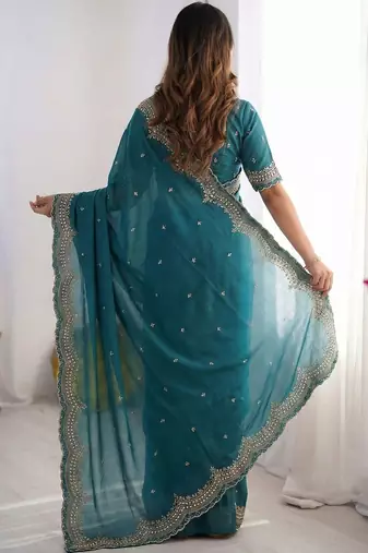 teal embellished embroidered poly georgette heavy work saree