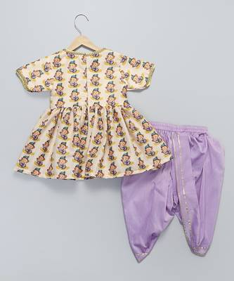Off white and purple printed cotton silk kurta dhoti set 5