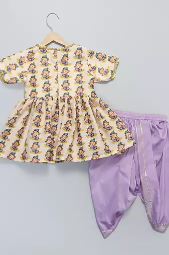 Off white and purple printed cotton silk kurta dhoti set