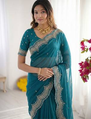 teal embellished embroidered poly georgette heavy work saree 3