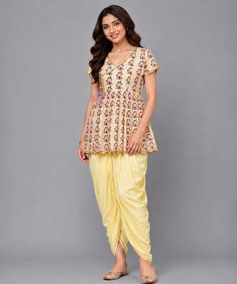 Off white and yellow printed cotton silk kurta dhoti set 1