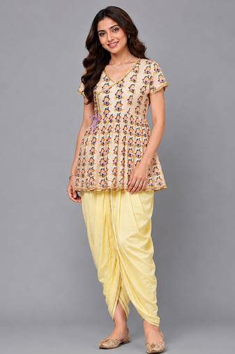 Off white and yellow printed cotton silk kurta dhoti set