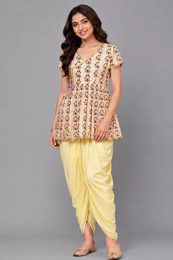 Off white and yellow printed cotton silk kurta dhoti set