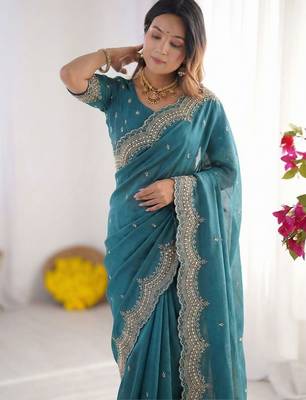 teal embellished embroidered poly georgette heavy work saree 4
