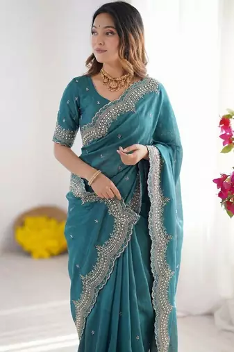 teal embellished embroidered poly georgette heavy work saree
