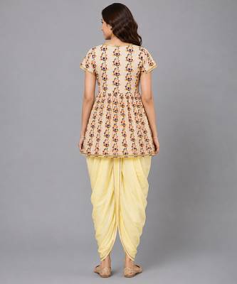 Off white and yellow printed cotton silk kurta dhoti set 2