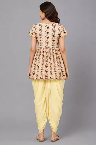 Off white and yellow printed cotton silk kurta dhoti set