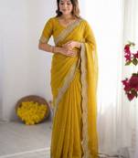 yellow embellished beads and stones poly georgette heavy work saree