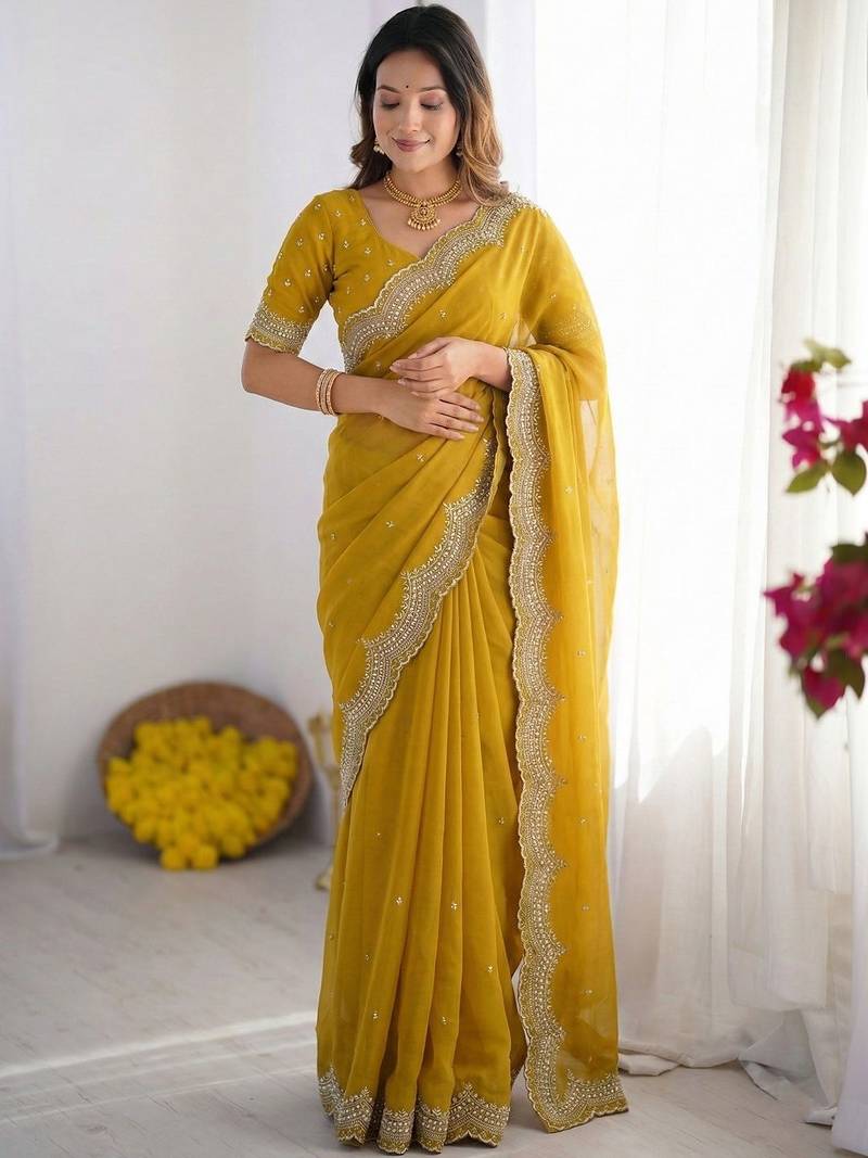 yellow embellished beads and stones poly georgette heavy work saree