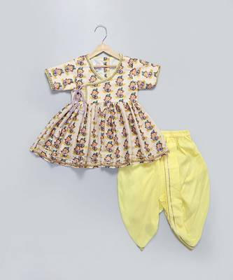 Off white and yellow printed cotton silk kurta dhoti set 4