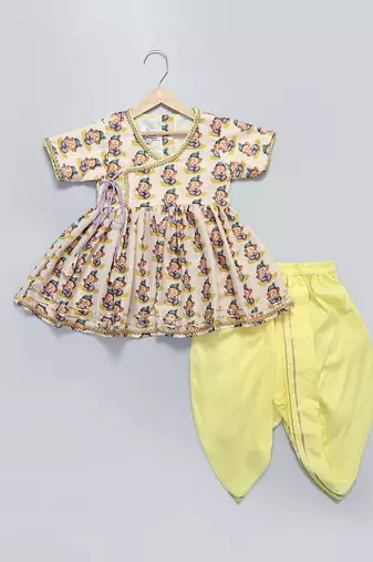Off white and yellow printed cotton silk kurta dhoti set