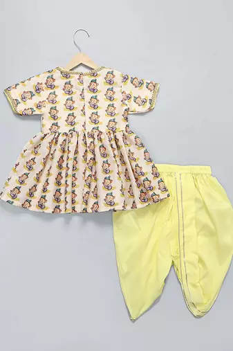 Off white and yellow printed cotton silk kurta dhoti set