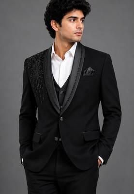 Black embroidered shawl lapel tuxedo set 2