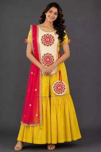 Yellow woven cotton silk sharara set