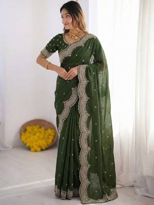 green embellished embroidered poly georgette heavy work saree 1