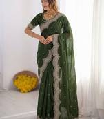 green embellished embroidered poly georgette heavy work saree