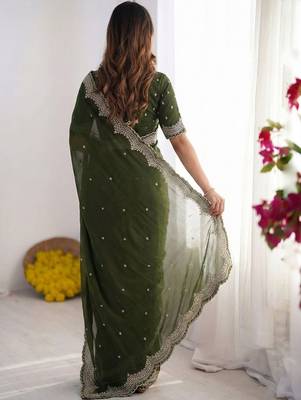 green embellished embroidered poly georgette heavy work saree 2